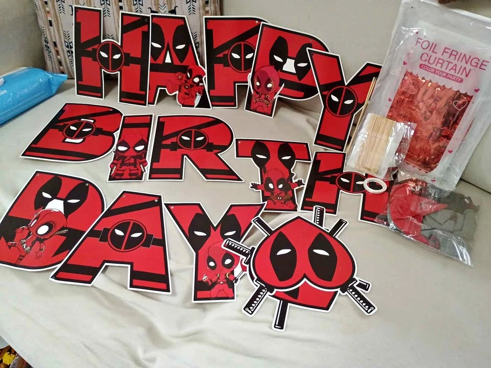 Deadpool Happy Birthday banner party decorations with foil fring