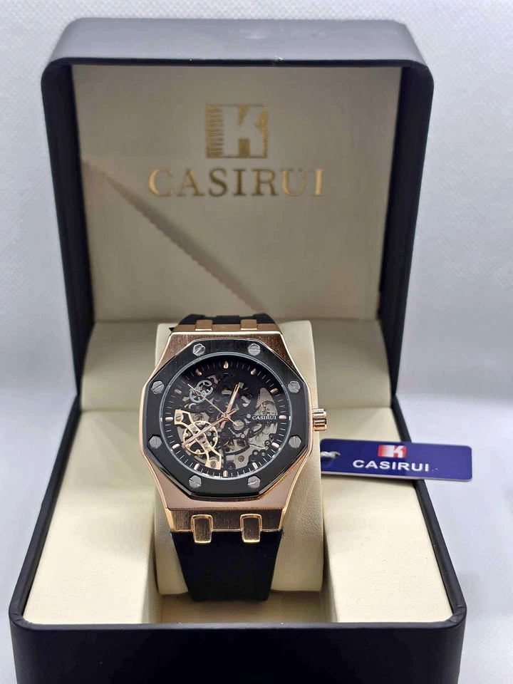 Casirui Automatic Skeleton Watch – Rose Gold, Black Rubber Strap