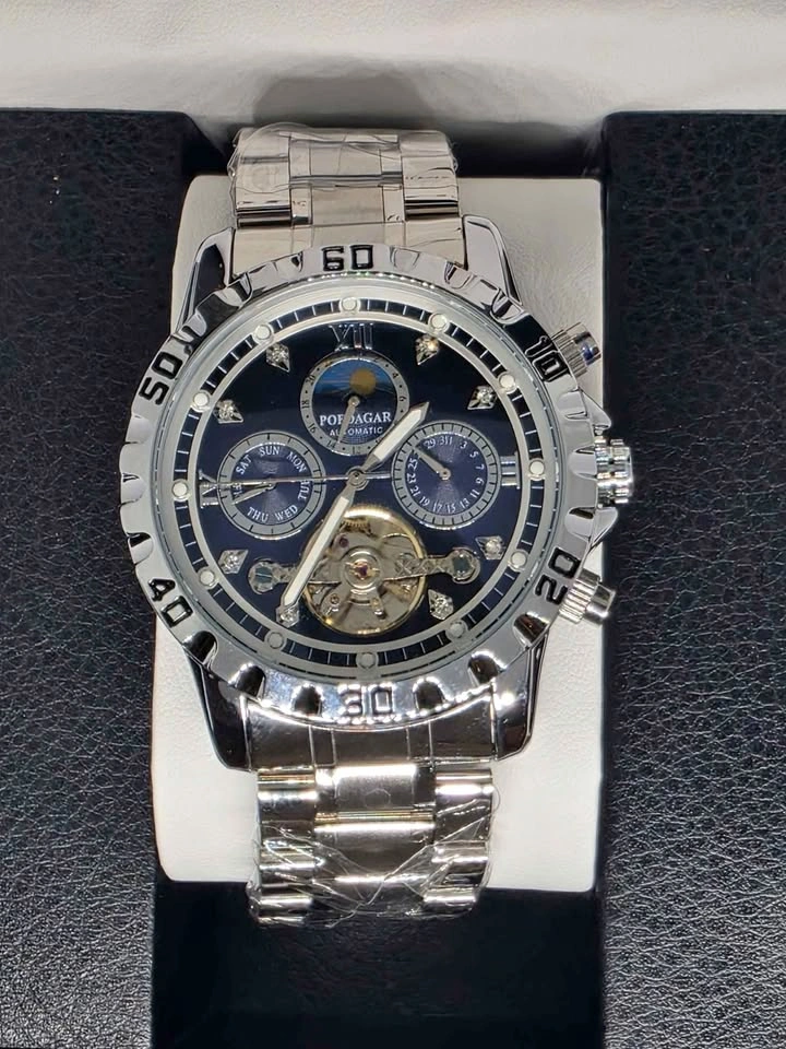 Automatic Open Heart Watch | Moon Phase | Silver Steel, Blue Dia