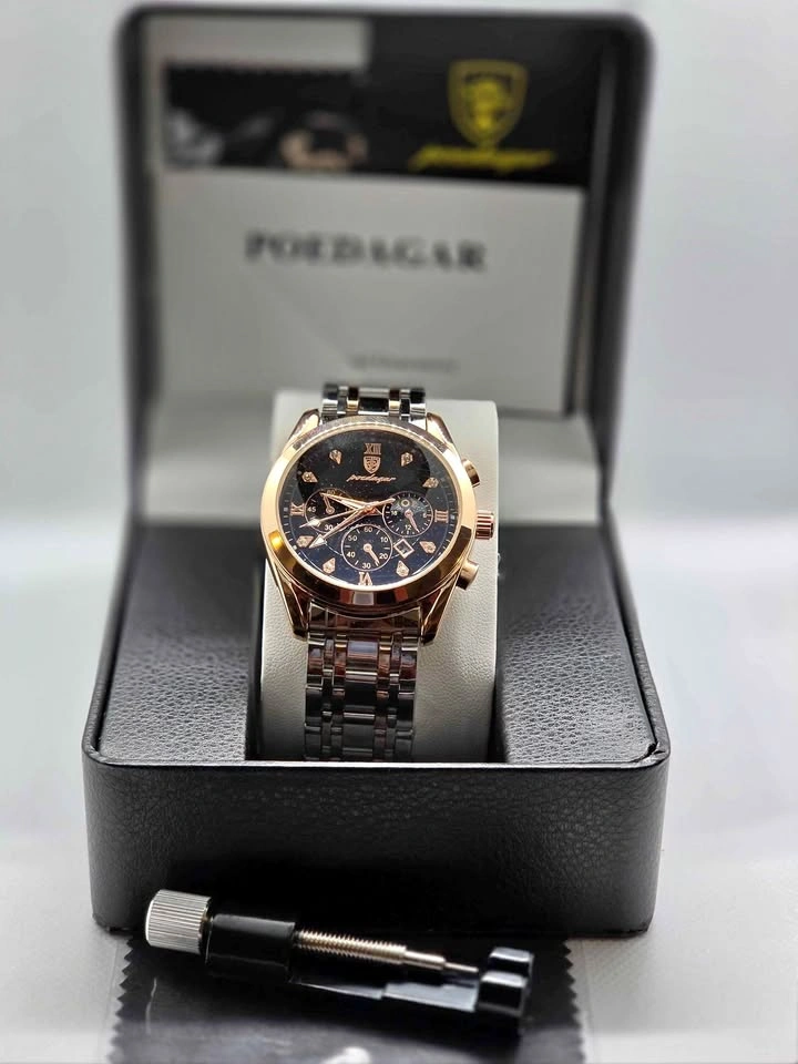 Striking Two-Tone Chronograph Watch – Roman Numerals, Moon Phase