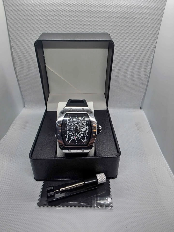 Onola Silver and Black Tonneau Skeleton Watch, New in Box