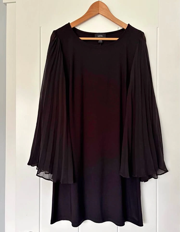 MSK Black Shift Dress with Sheer Pleated Bell Sleeves Medium