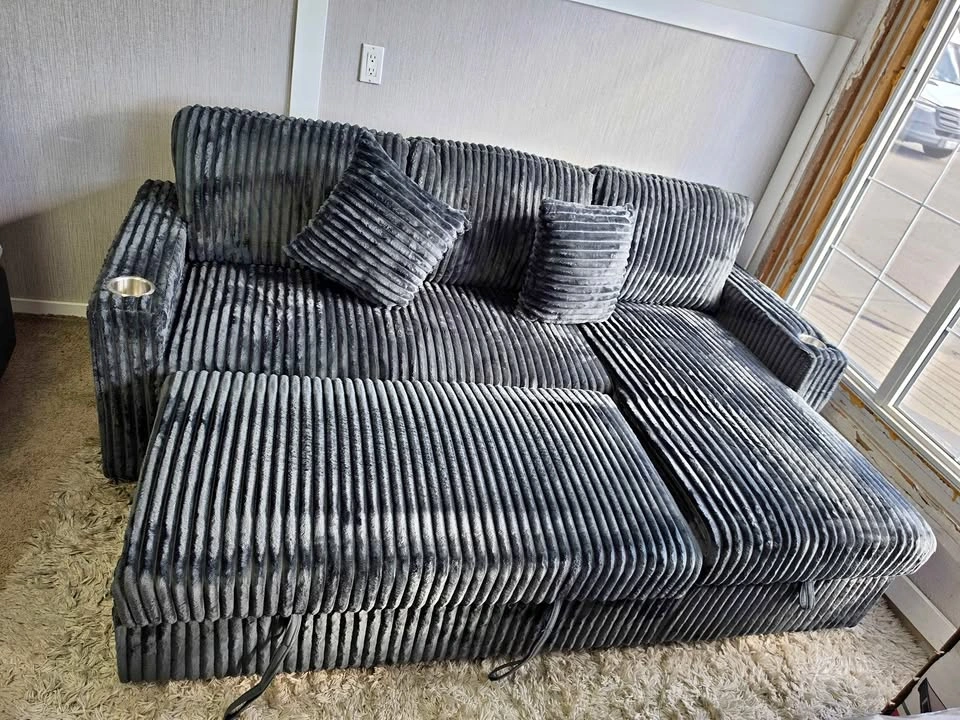Luxury Plush Corduroy Sectional with Storage & Cup Holders
