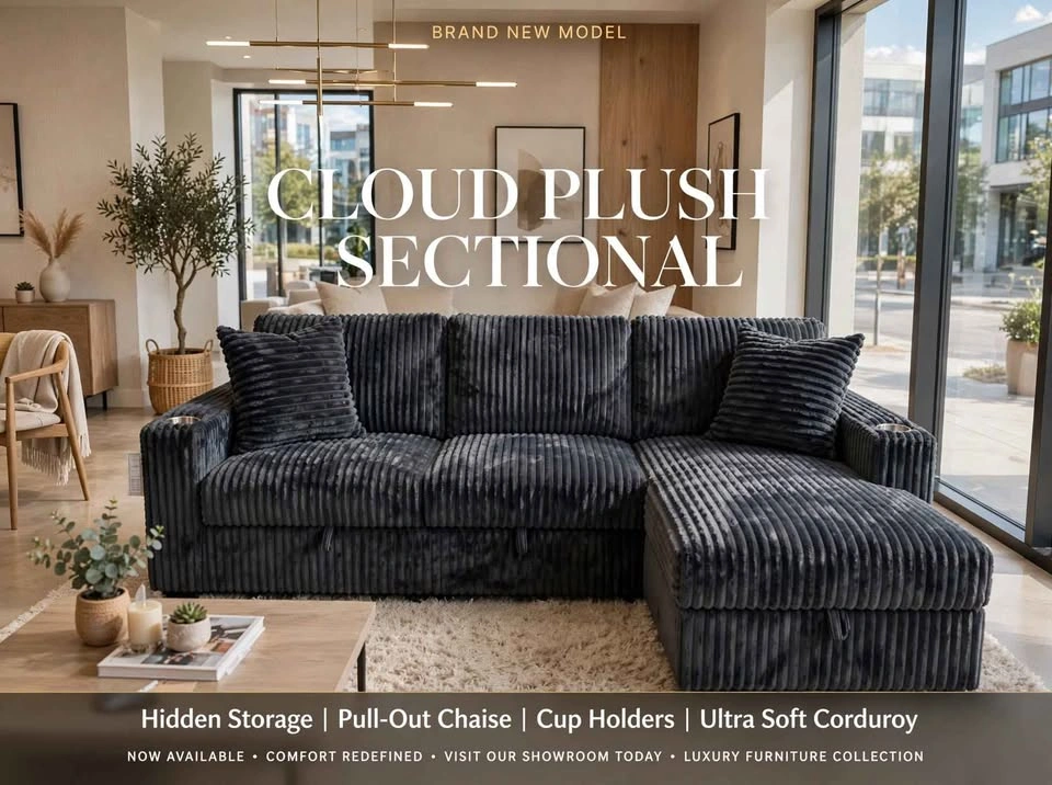 Luxury Plush Corduroy Sectional with Storage & Cup Holders - photo 2