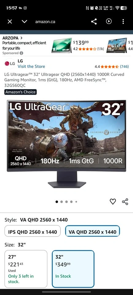 LG UltraGear 32" Curved Gaming Monitor 32GS60QX-B - photo 3