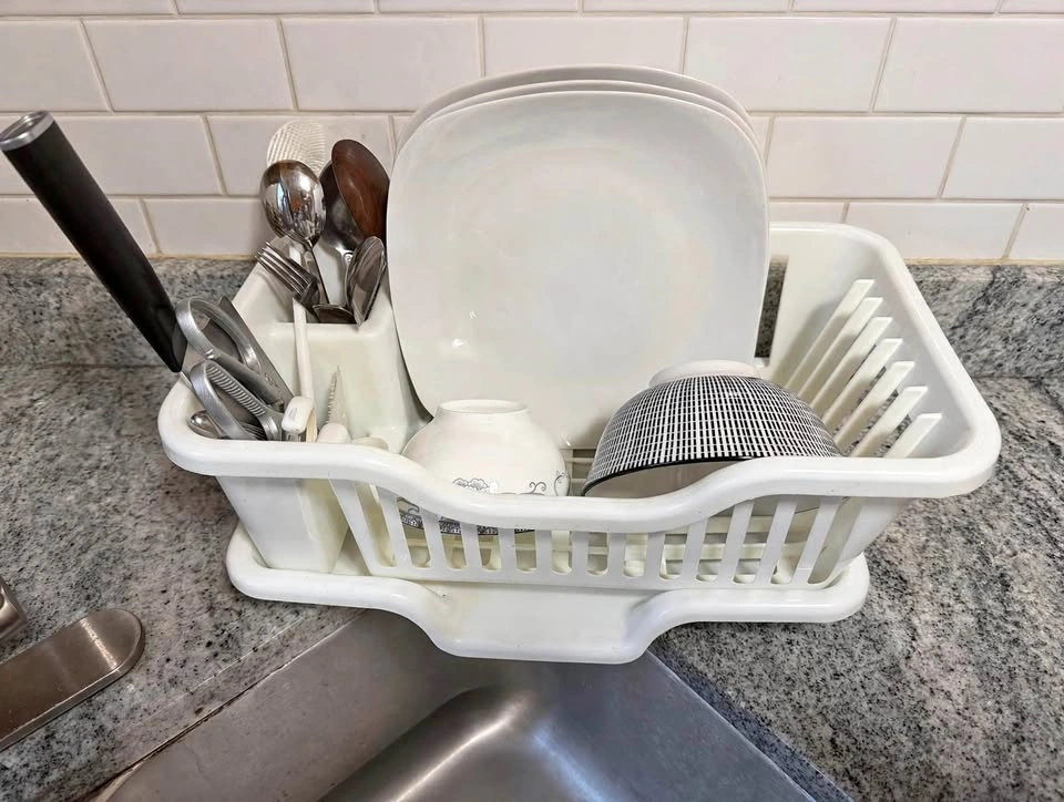 Dish Drying Rack with Drainboard - 17" White - Utensil Holder