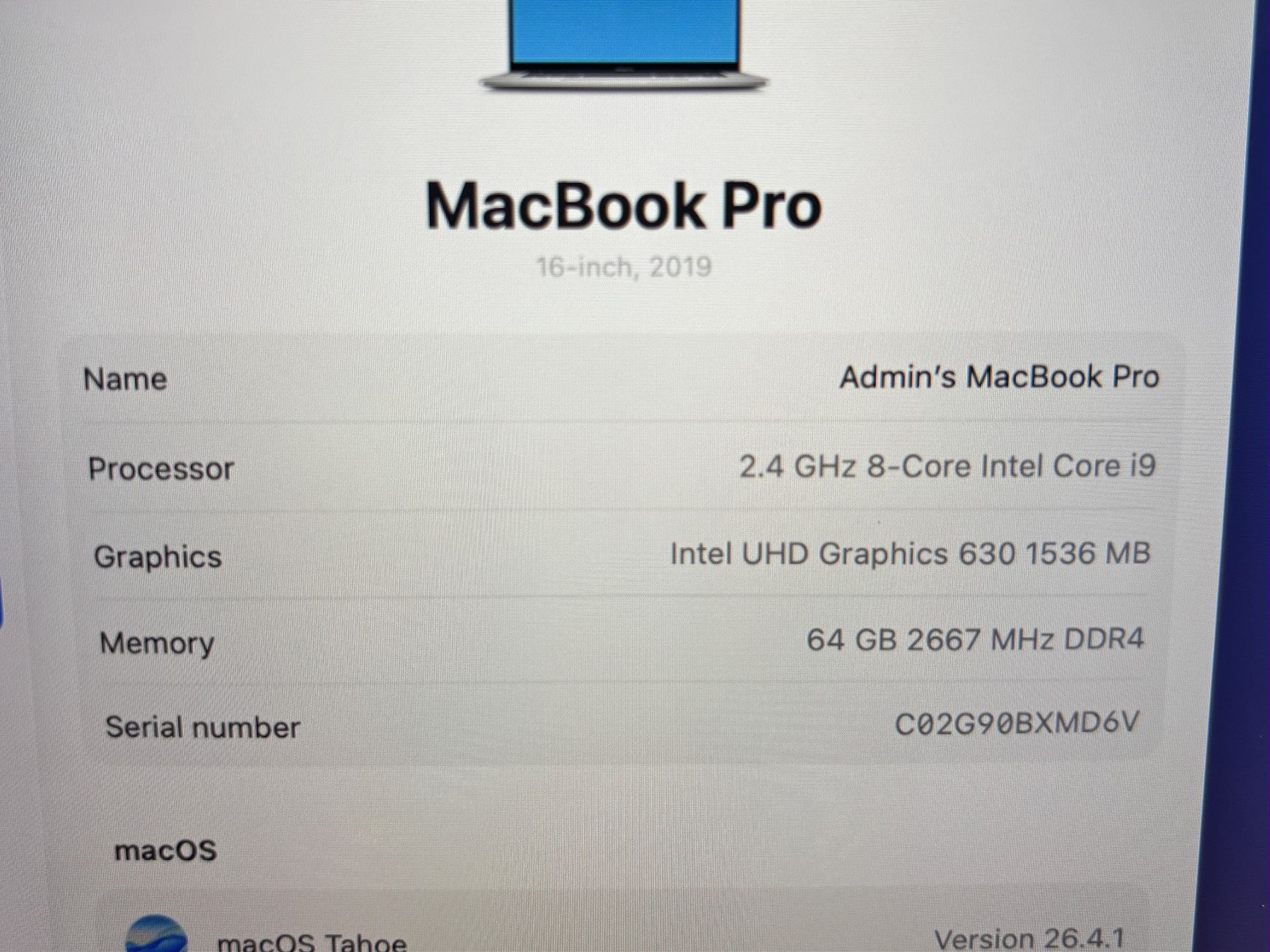 Apple MacBook Pro 16" 2019 i9 64GB RAM 1TB Radeon Pro 5500M - photo 4