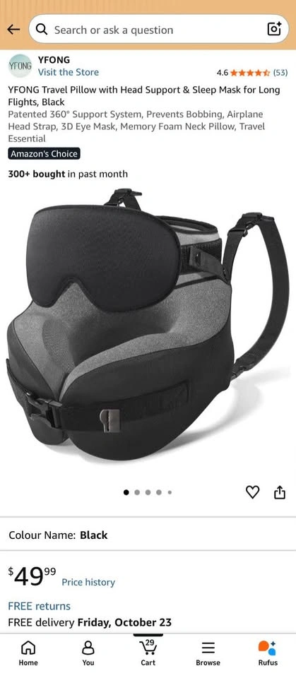 Ergonomic Flight Travel Pillow + Sleep Mask Set (Black) - photo 2