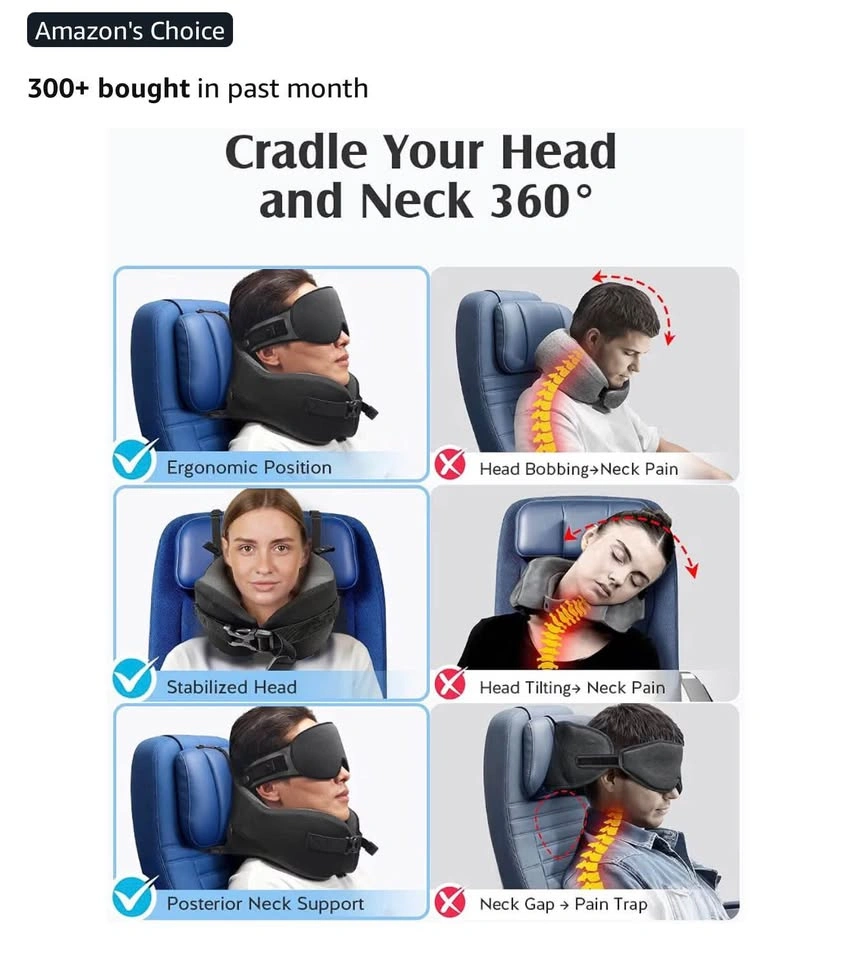 Ergonomic Flight Travel Pillow + Sleep Mask Set (Black) - photo 5