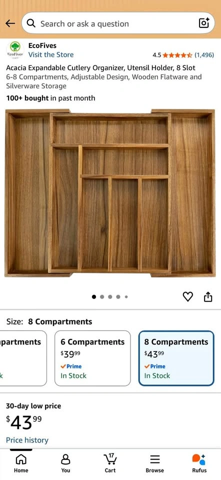 Large Acacia Wood Expandable Premium Silverware Organizer
