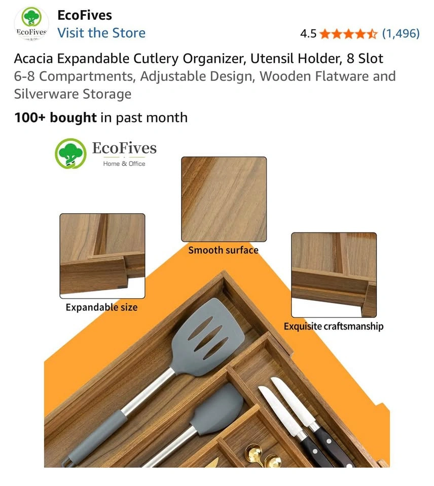 Large Acacia Wood Expandable Premium Silverware Organizer - photo 4