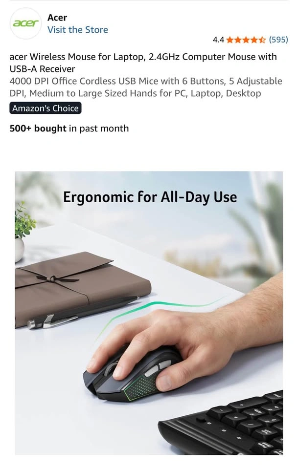 ACER Wireless Ergonomic Mouse – 4000 DPI, 6 Buttons - photo 4