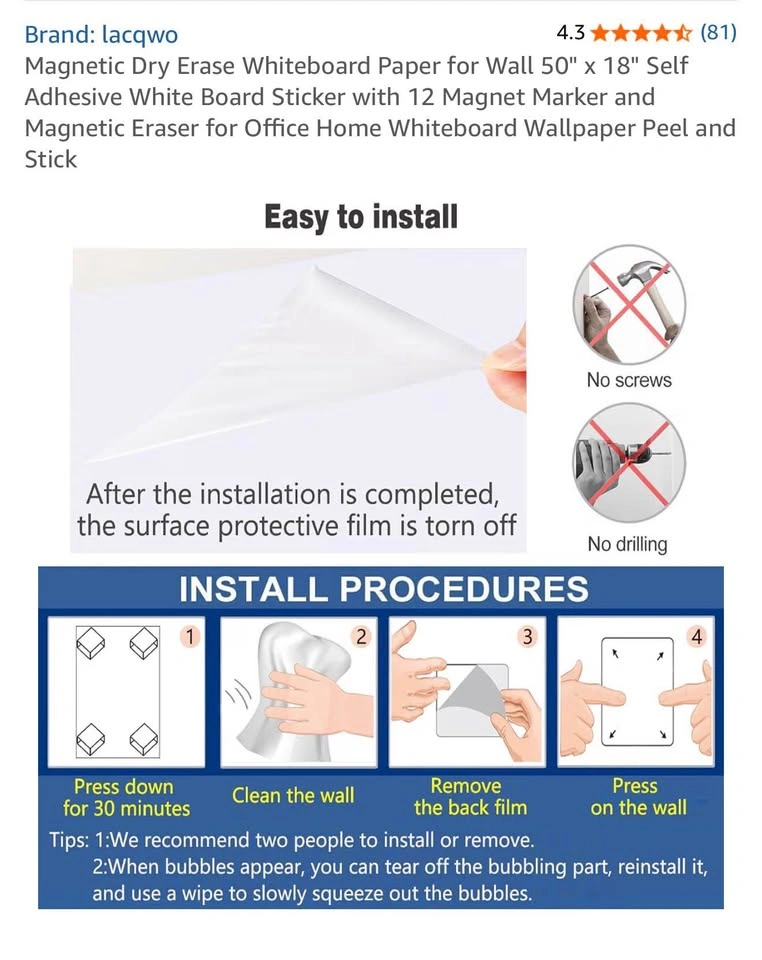 Magnetic Dry Erase Whiteboard Wall Set (50x18in.) - photo 3