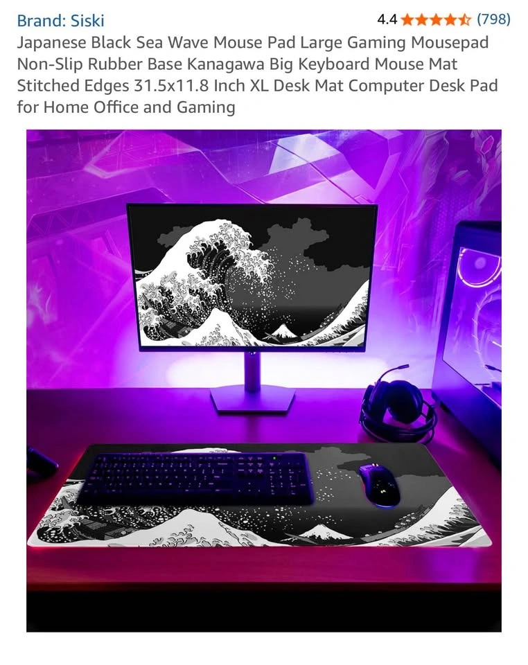 Large Japanese Style Black Sea Waves Non-slip Desk Gaming Pad - photo 3