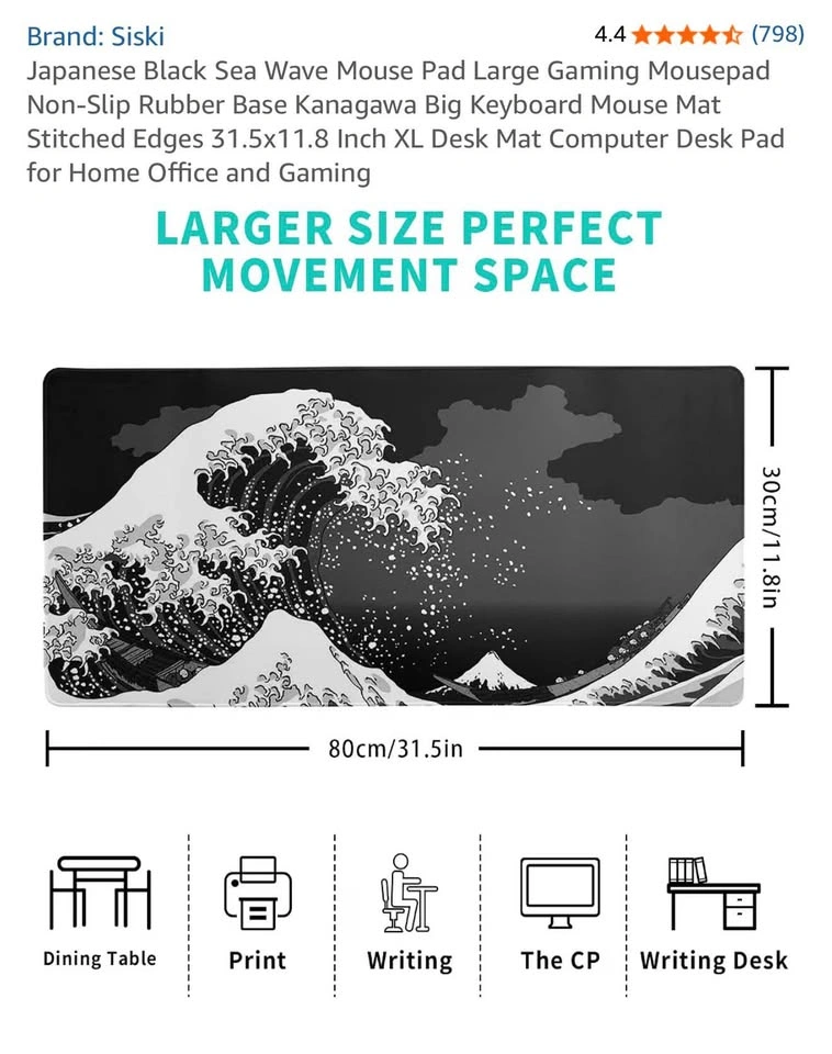 Large Japanese Style Black Sea Waves Non-slip Desk Gaming Pad - photo 4
