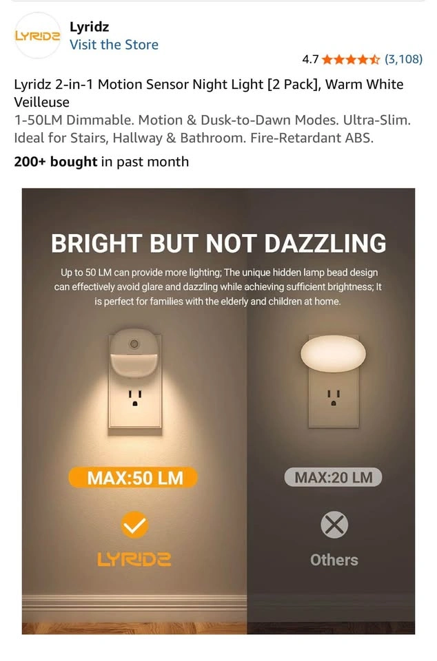 Lyridz Motion Sensor Dimmable Night Lights (Warm White, 2 pack) - photo 5