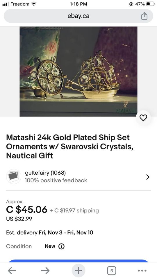 New in Box: 24K Gold-Plated Ship Set with Swarovski Crystals - photo 3