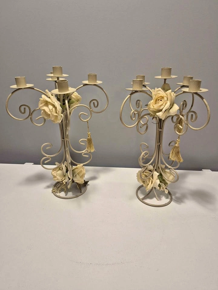 Pair of Cream Metal Candelabras with Floral Accents