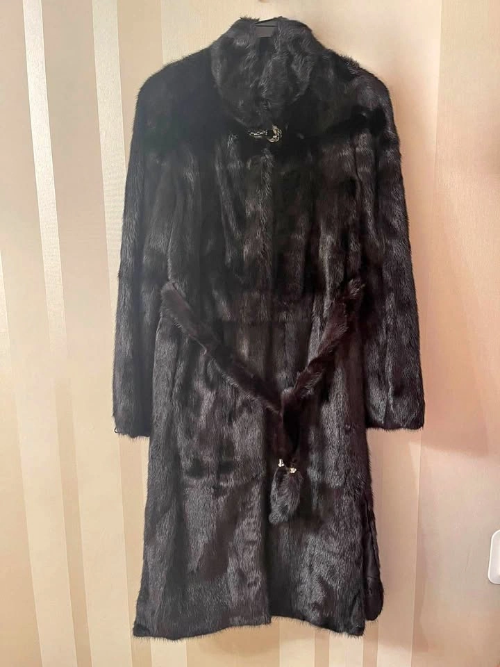 Black Genuine Mink Fur Coat – Full Length, Belted