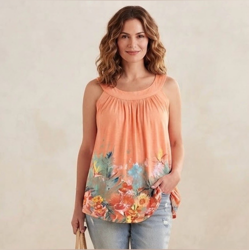 MyStyle Orange Tropical Floral Tank Top Sleeveless High Neck 1X