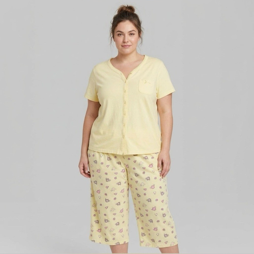 Breakfast In Bed Yellow Short Sleeve Pajama Set Crop Pants 1X