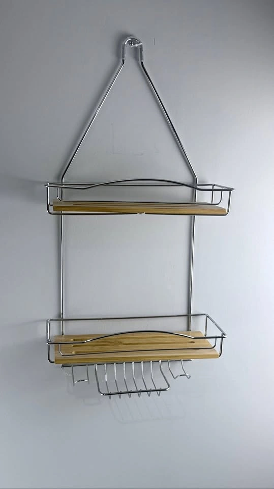 New 2-Tier Hanging Shower Caddy — Chrome & Bamboo