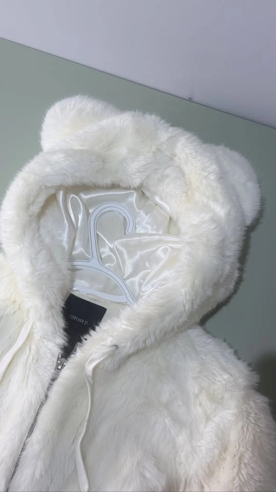 Forever 21 White Faux Fur Jacket with Hood — Size L - photo 2