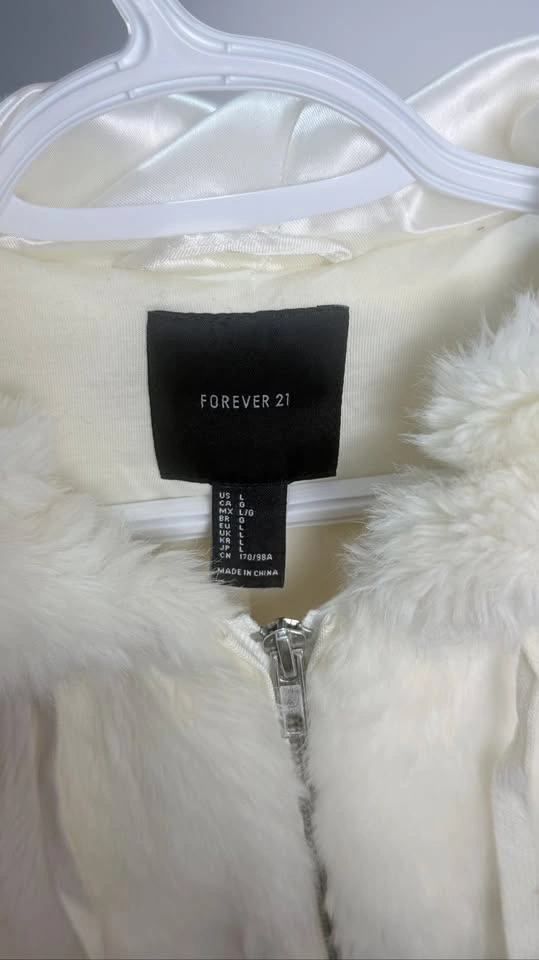 Forever 21 White Faux Fur Jacket with Hood — Size L - photo 3