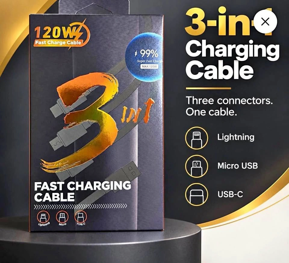 3 in 1 USB Charging Cable 120W (USB-C, Lightning, Micro-USB)