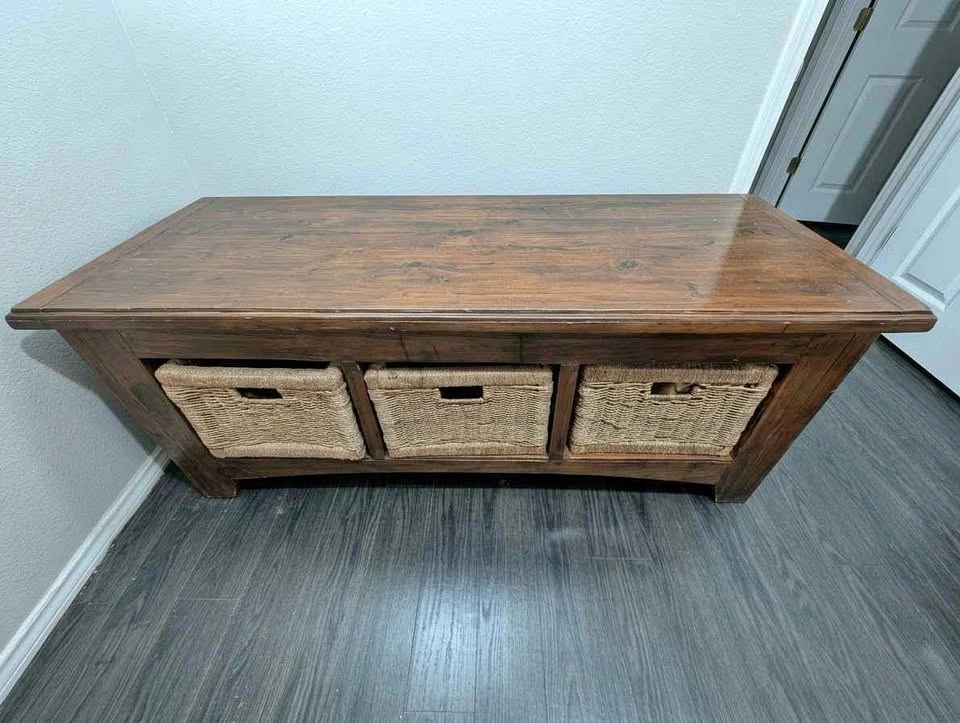 Solid Wood Media Console / Entryway Bench with Wicker Baskets