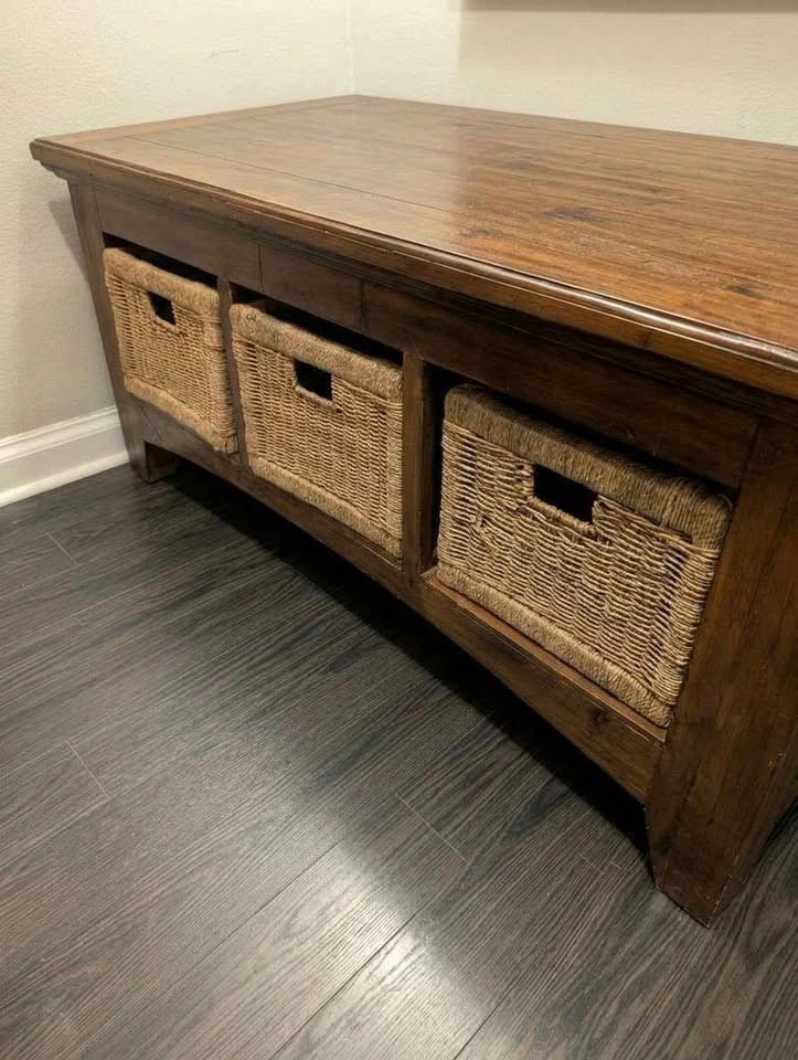 Solid Wood Media Console / Entryway Bench with Wicker Baskets - photo 2