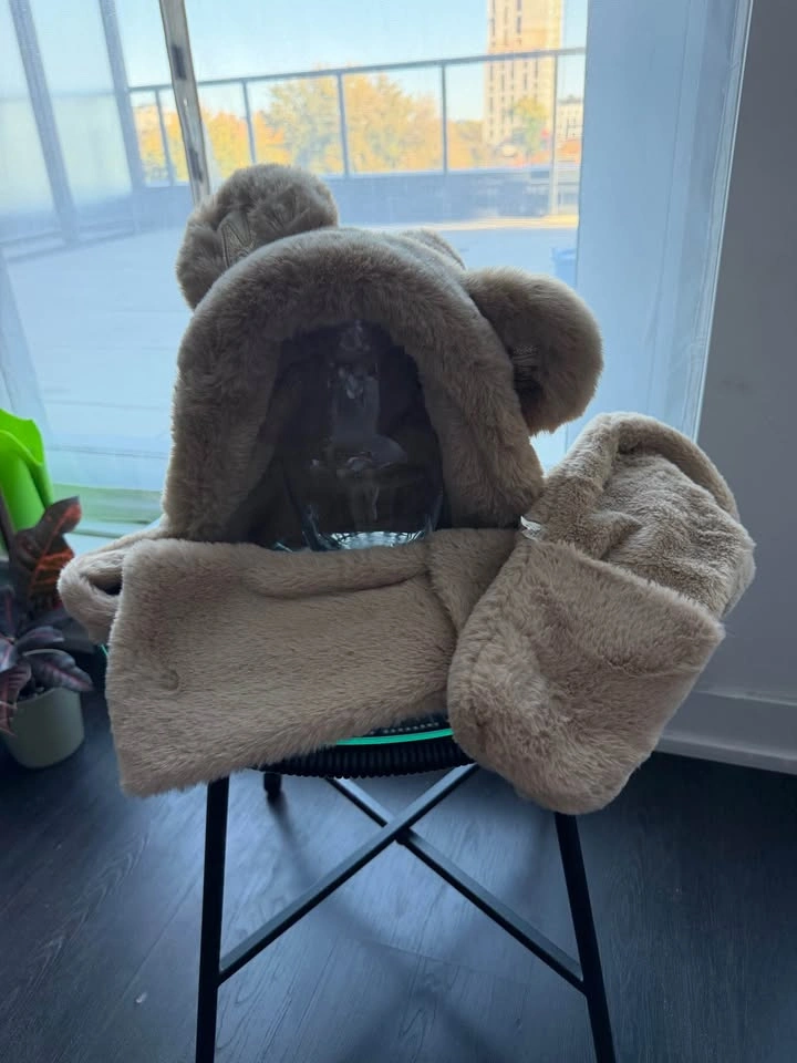 Faux Fur Bear-Ear Hat with Attached Scarf – Beige/Brown - photo 3