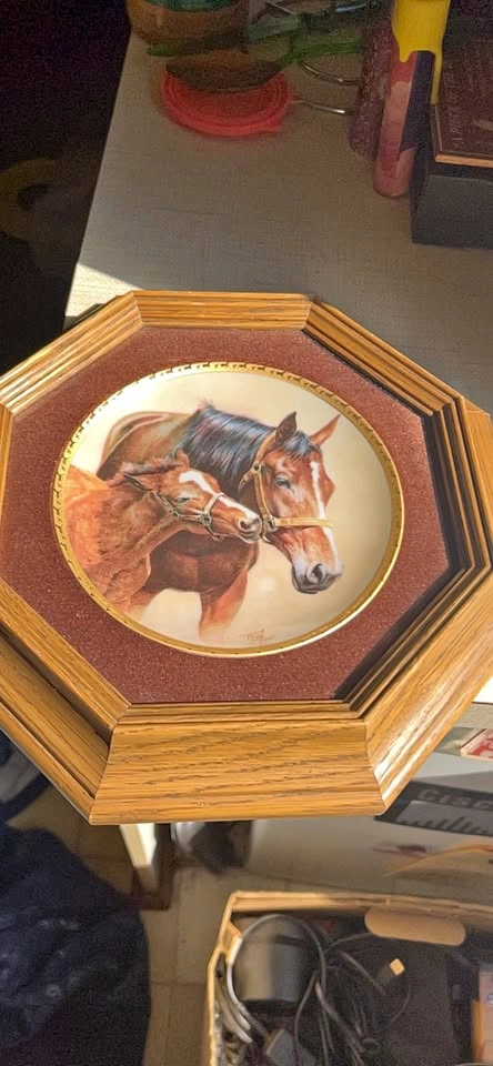Decorative Octagonal Wooden Framed Plate with Horse Painting