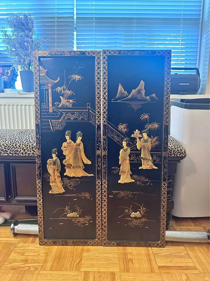 Vintage Geisha Asian Wall Panels Blk Lacquer Pearl thumbnail