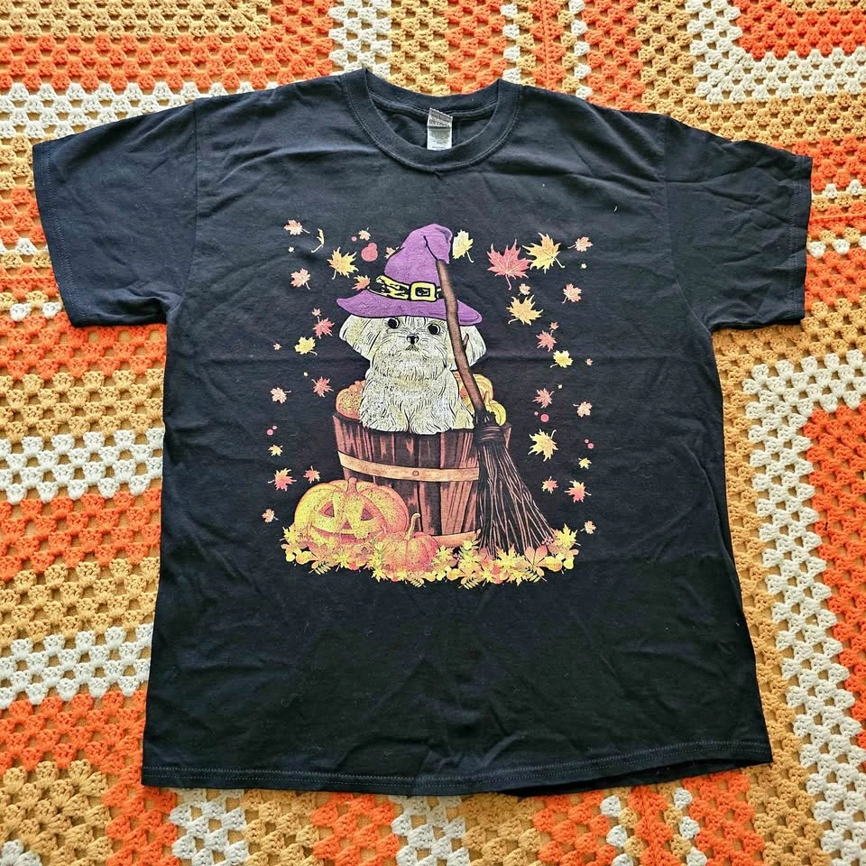 Vintage Halloween Witch Dog Graphic Black T-Shirt Size L