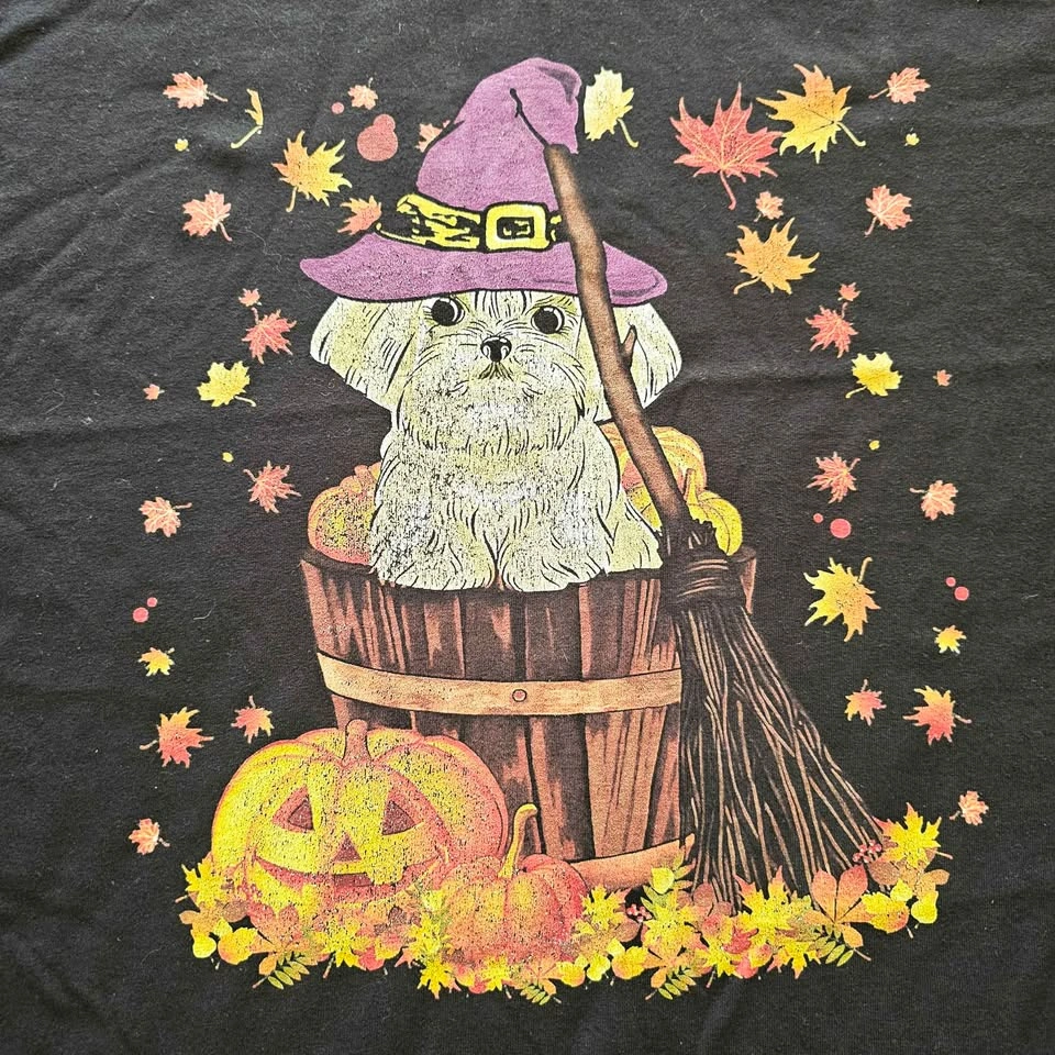 Vintage Halloween Witch Dog Graphic Black T-Shirt Size L - photo 2