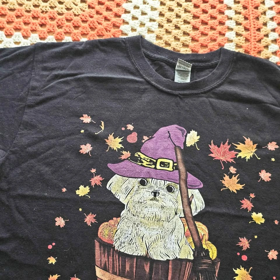 Vintage Halloween Witch Dog Graphic Black T-Shirt Size L - photo 3