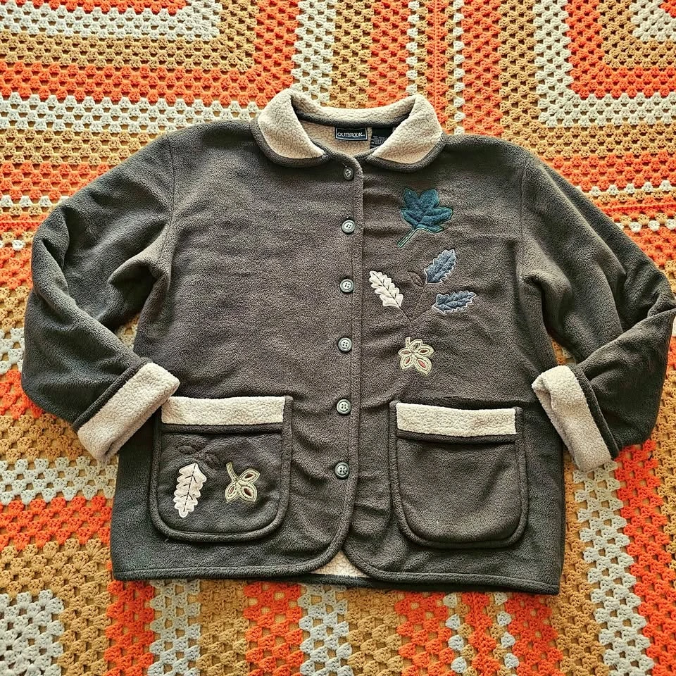 90s Vintage Olive Green Leaf Fleece Jacket