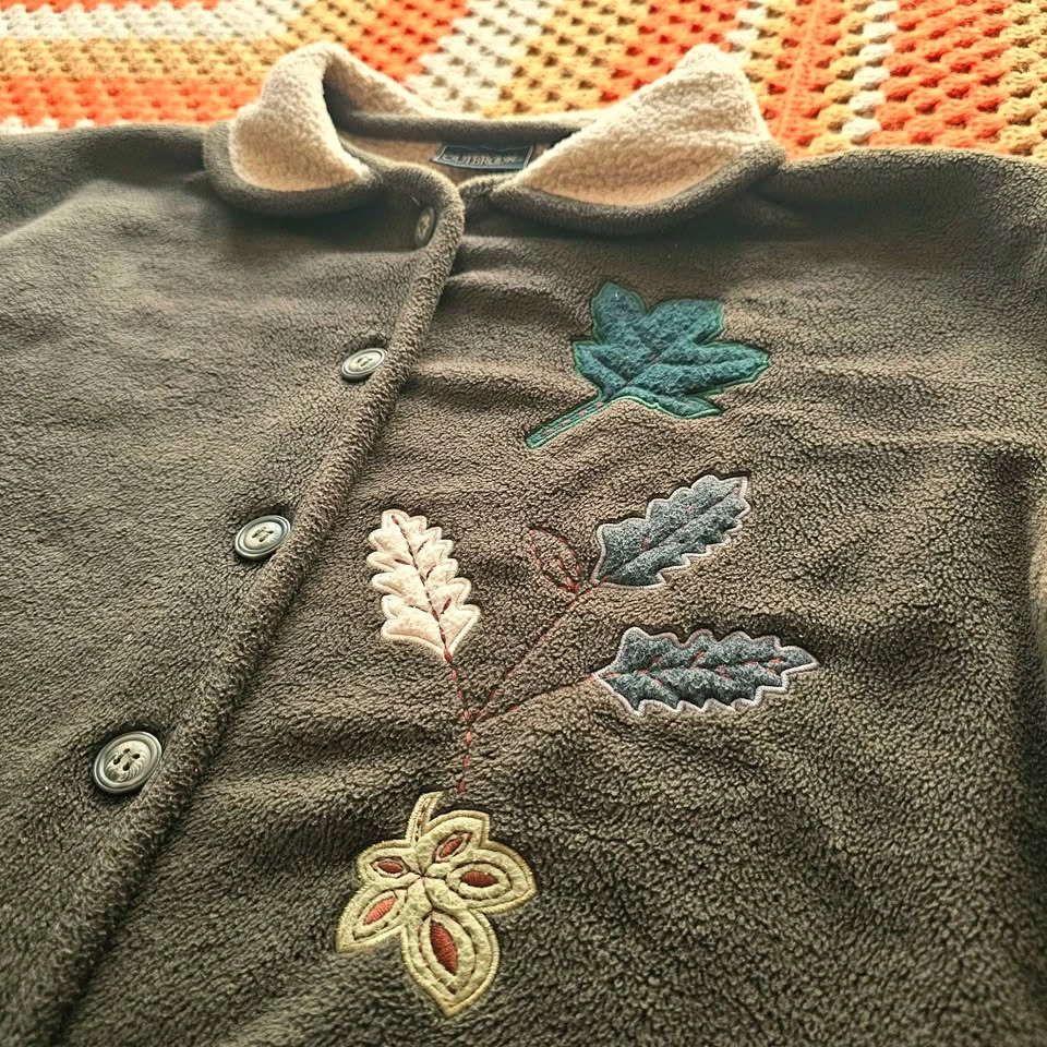 90s Vintage Olive Green Leaf Fleece Jacket - photo 2