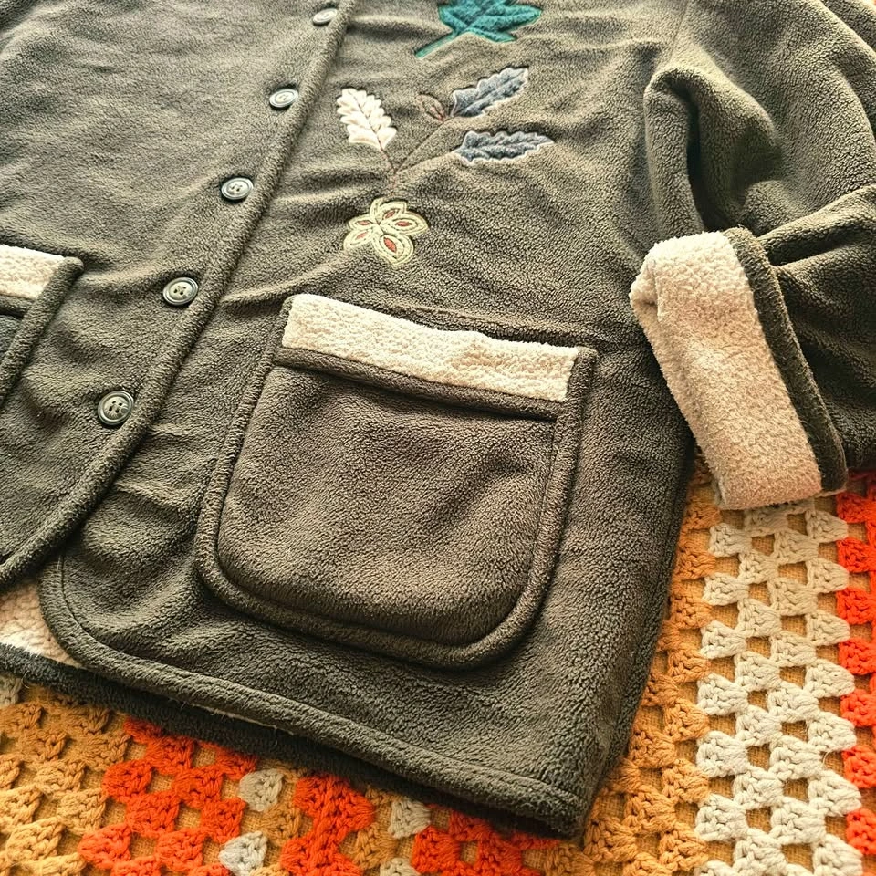 90s Vintage Olive Green Leaf Fleece Jacket - photo 3