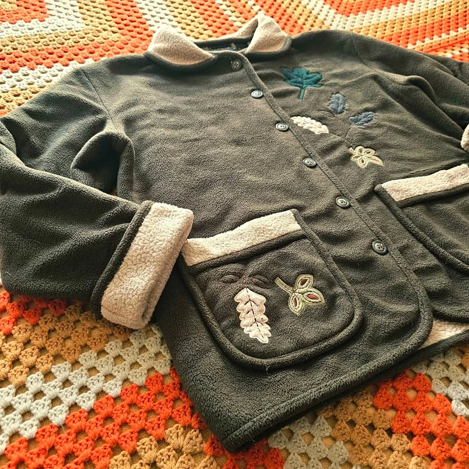90s Vintage Olive Green Leaf Fleece Jacket - photo 4