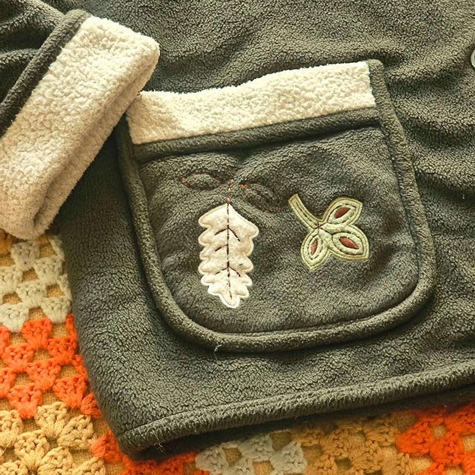 90s Vintage Olive Green Leaf Fleece Jacket - photo 5