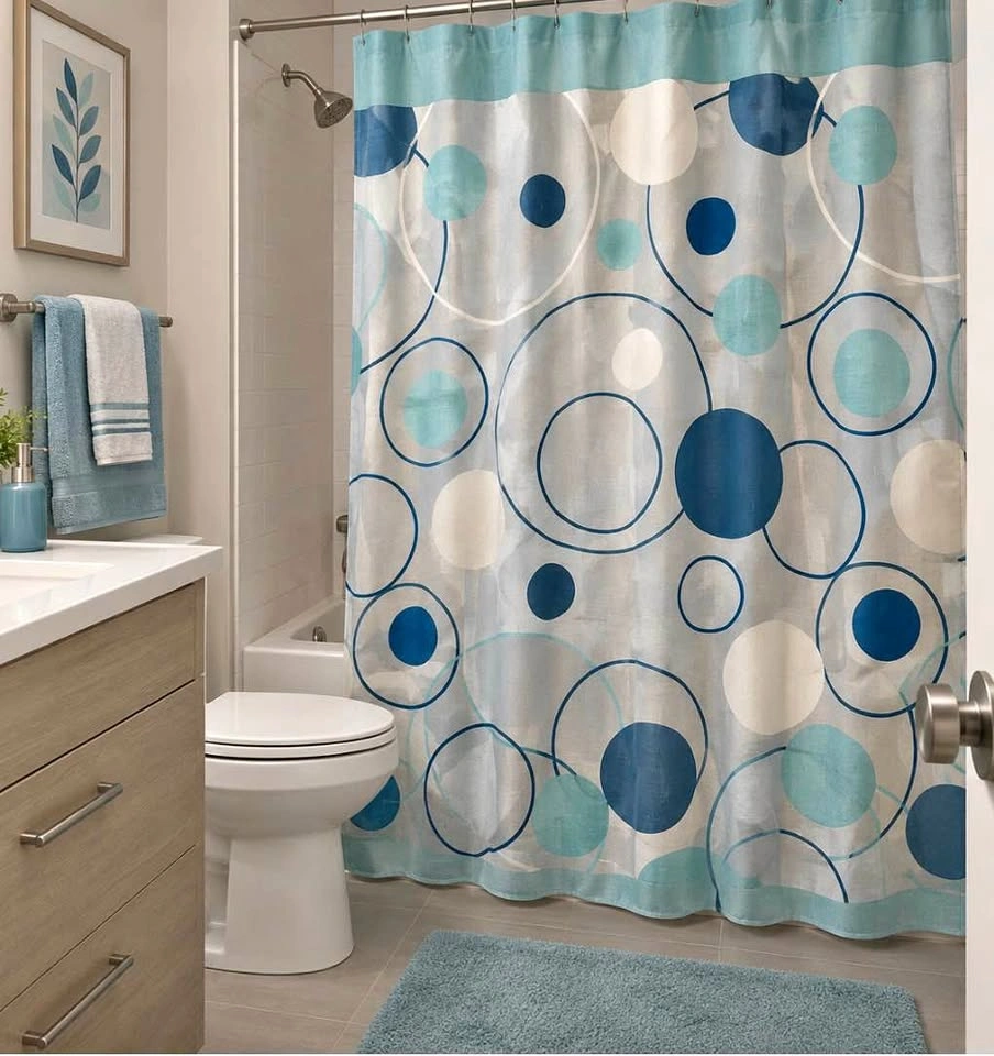 Blue and White Geometric Circle Shower Curtain