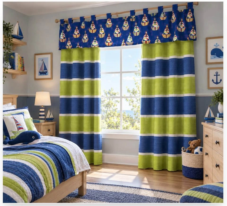 Nautical Sailboat and Striped Tab Top Curtains