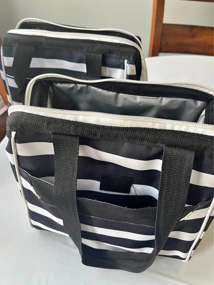 Set of 2 Black and White Striped Insulated Lunch Bags