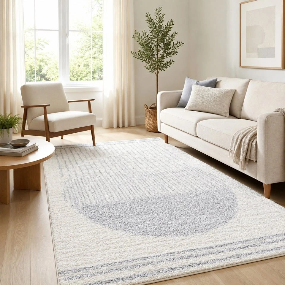 NEW Modern Cream & Grey Area Rug – 6x9 Boho Geometric Shag