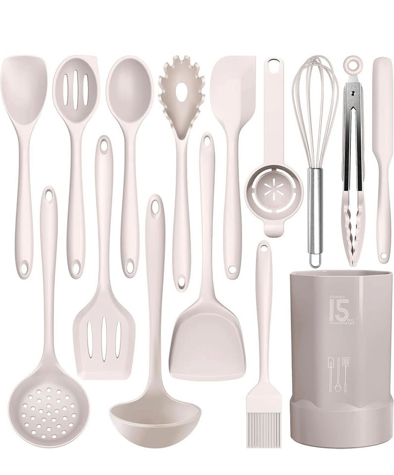 Silicone Kitchen Utensil Set with Holder – Beige - photo 2