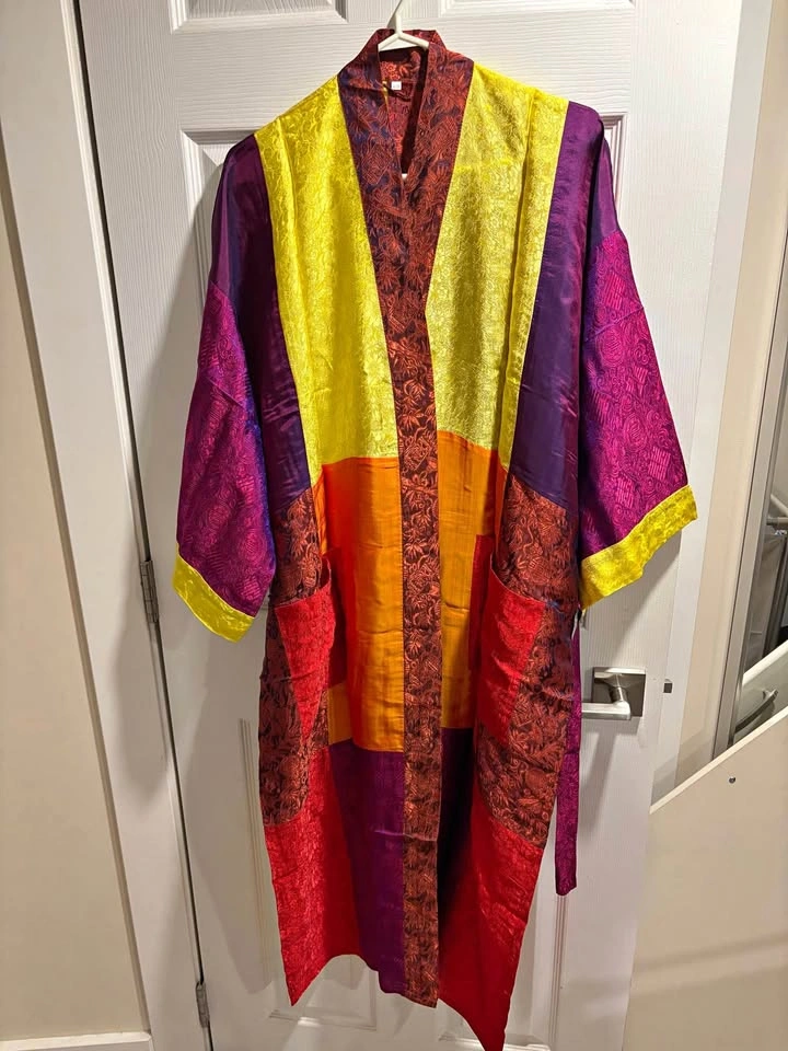 Vintage Silk Sari Patchwork Kimono Robe - Size S/M