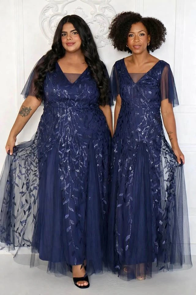 Navy Blue Sequin Leaf Pattern Tulle Maxi Dress XL size