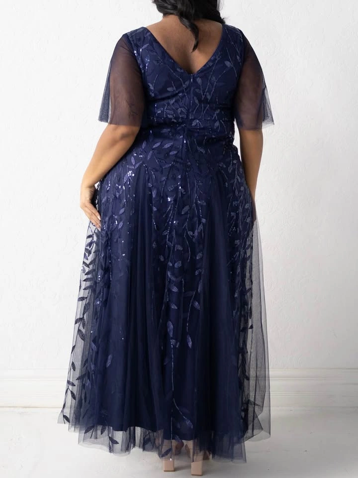 Navy Blue Sequin Leaf Pattern Tulle Maxi Dress XL size - photo 2